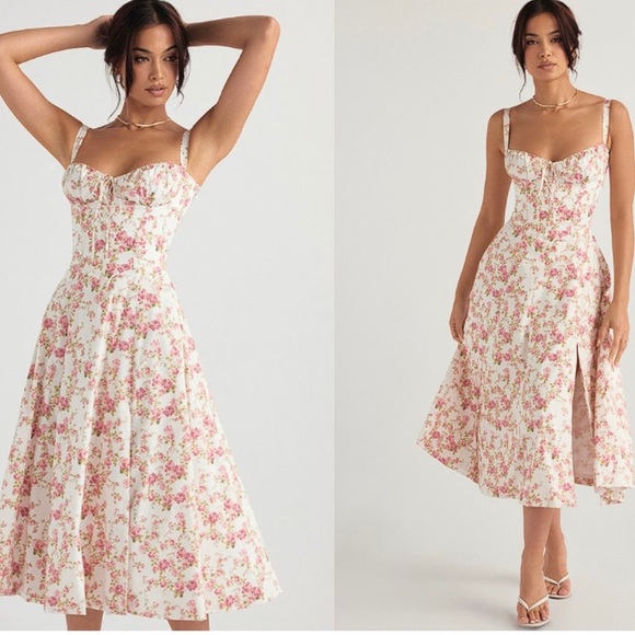 HOUSE OF CB 'Carmen' Rose Print Bustier Sundress NWOT PERFECT CONDITION SIZE L - Picture 2 of 11